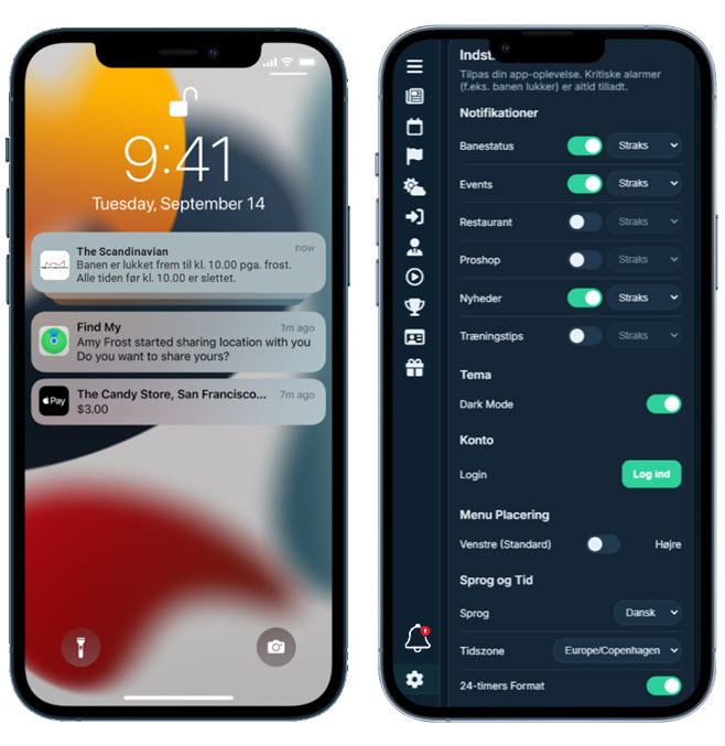 A golf club push notification beside the app's notification settings.