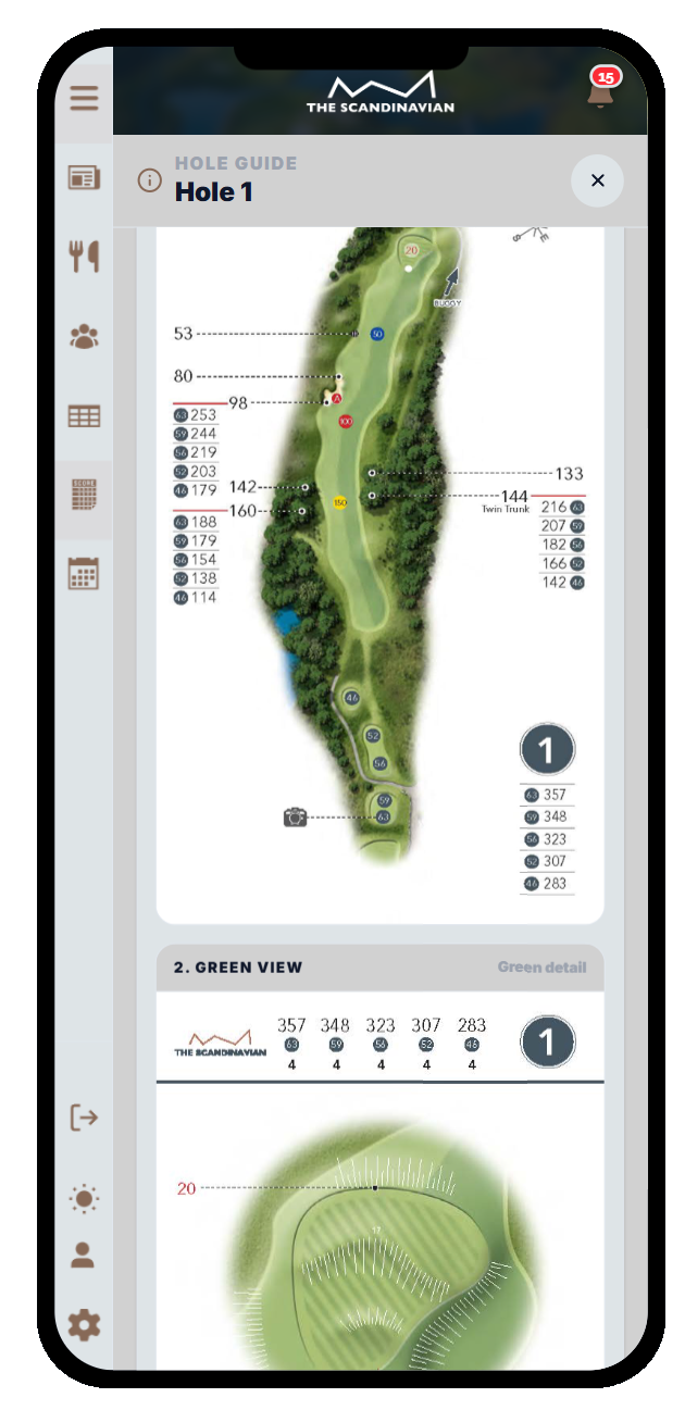 HMS hole guide showing the layout of hole 1 at The Scandinavian, with distances and a green view.