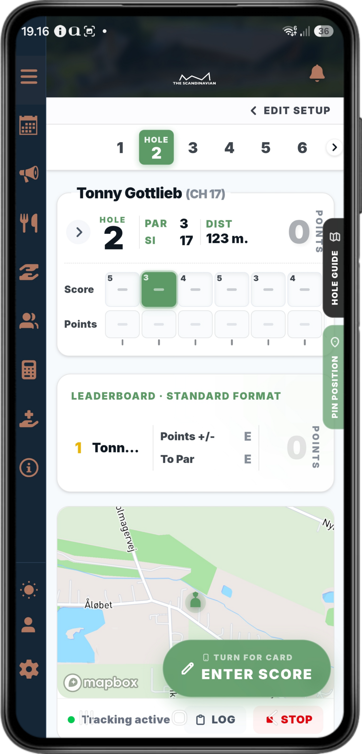 HMS scorecard showing the GPS map view and tracking controls. GPS functionality requires an app.
