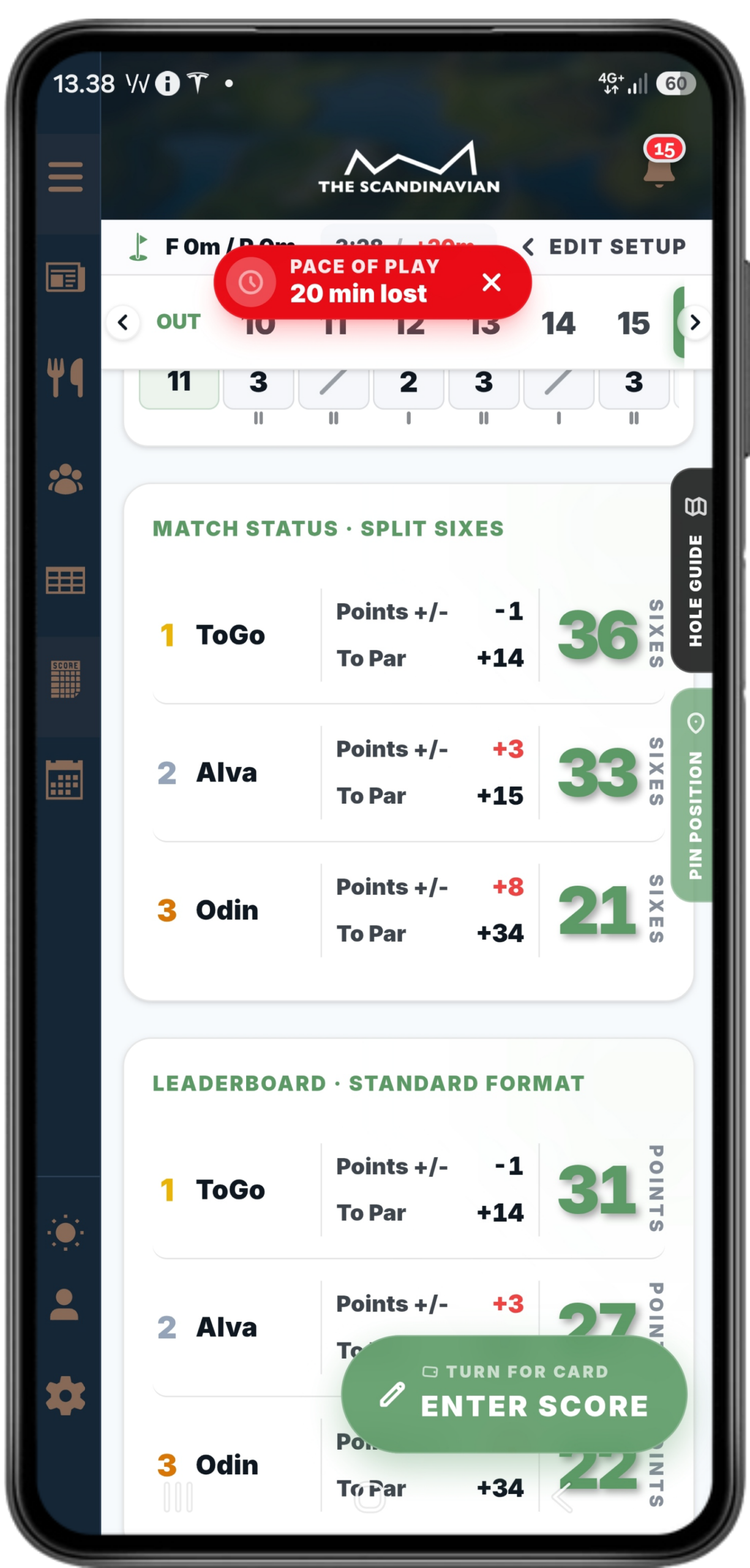 HMS digital scorecard showing a red pace-of-play alert above the round scores.