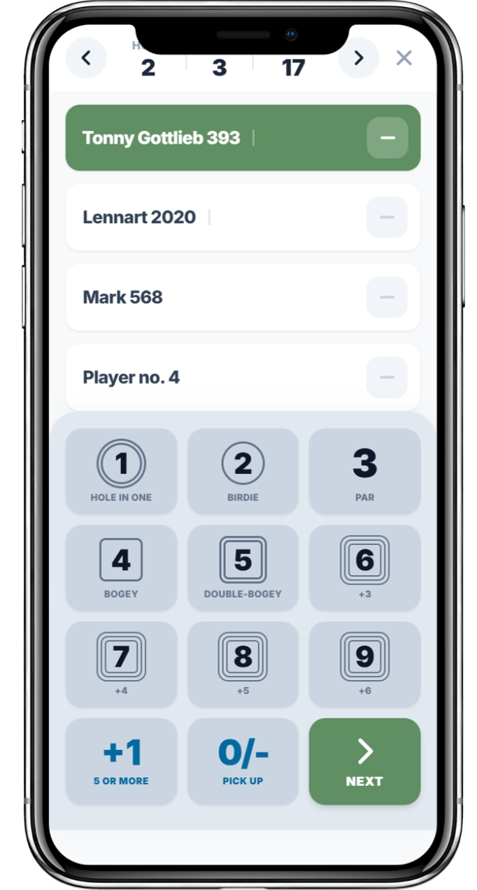 HMS digital scorecard score-entry screen on a phone, showing players and the scoring keypad.