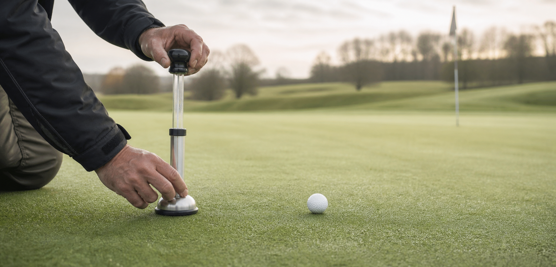 A course team member uses an impact firmness tester on a putting green beside a golf ball.