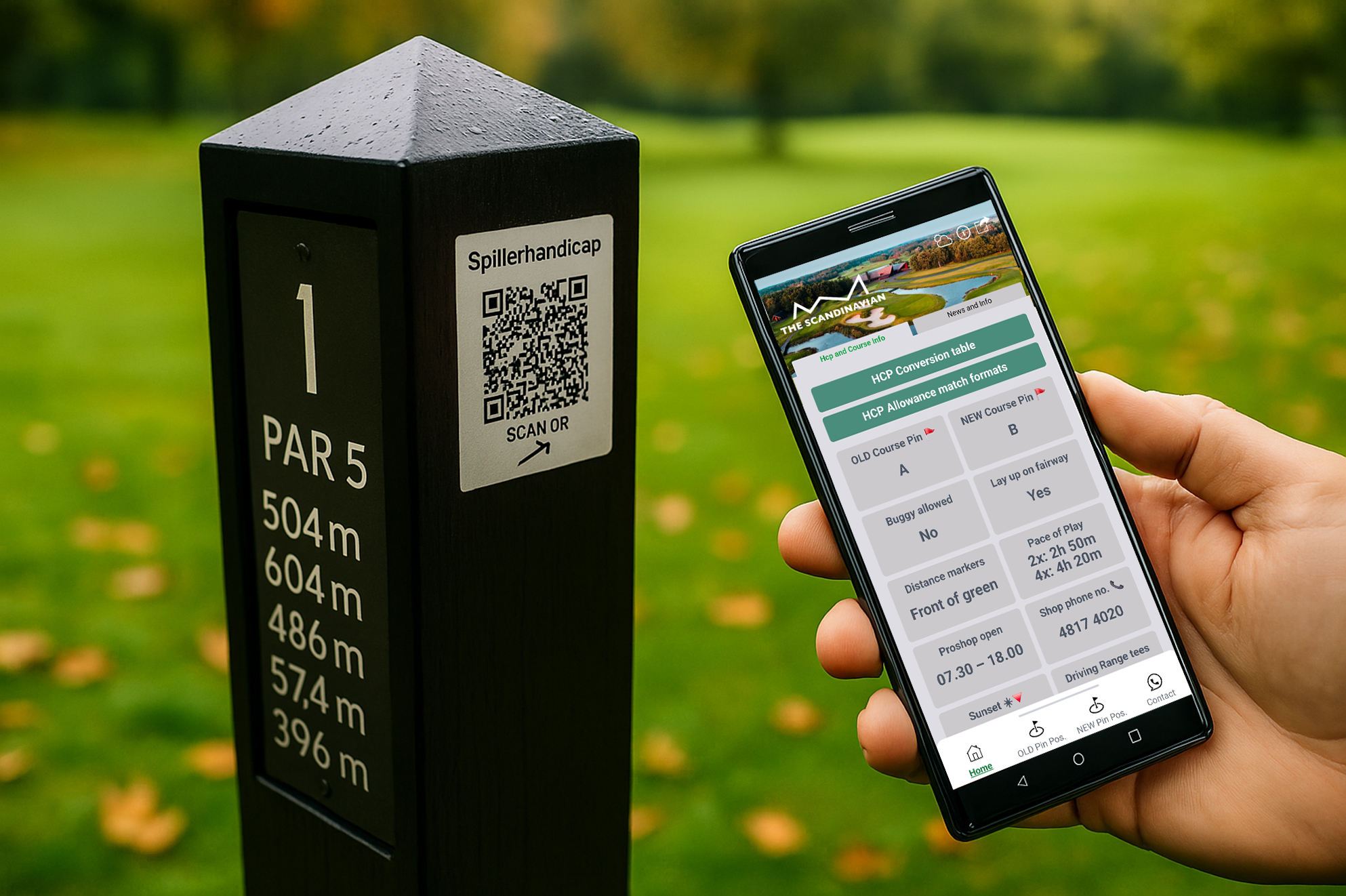 Golfer opening a white label club app by scanning a QR code on the golf course