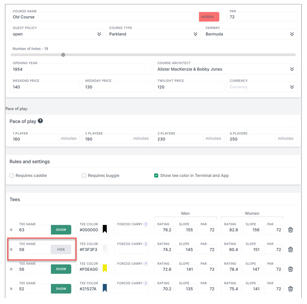 You Can Now Show And Hide Selected Tees And Courses